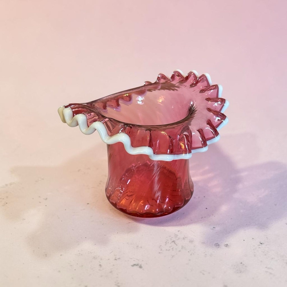 Fenton Cranberry Spiral Optic Ruffled Hat  Vase With Snow Crest 4"
